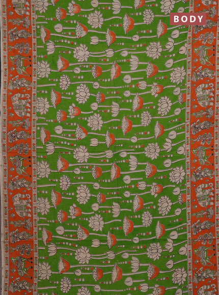 Kalamkari cotton saree green and orange with allover prints and printed border