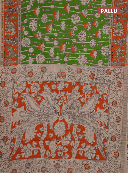 Kalamkari cotton saree green and orange with allover prints and printed border