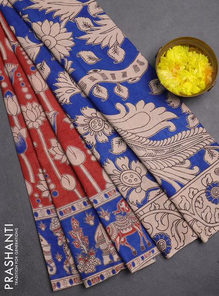 Kalamkari cotton saree brown and blue with allover prints and printed border