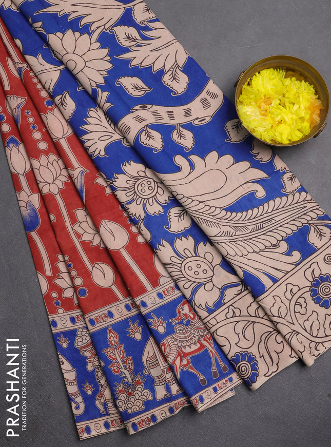 Kalamkari cotton saree brown and blue with allover prints and printed border