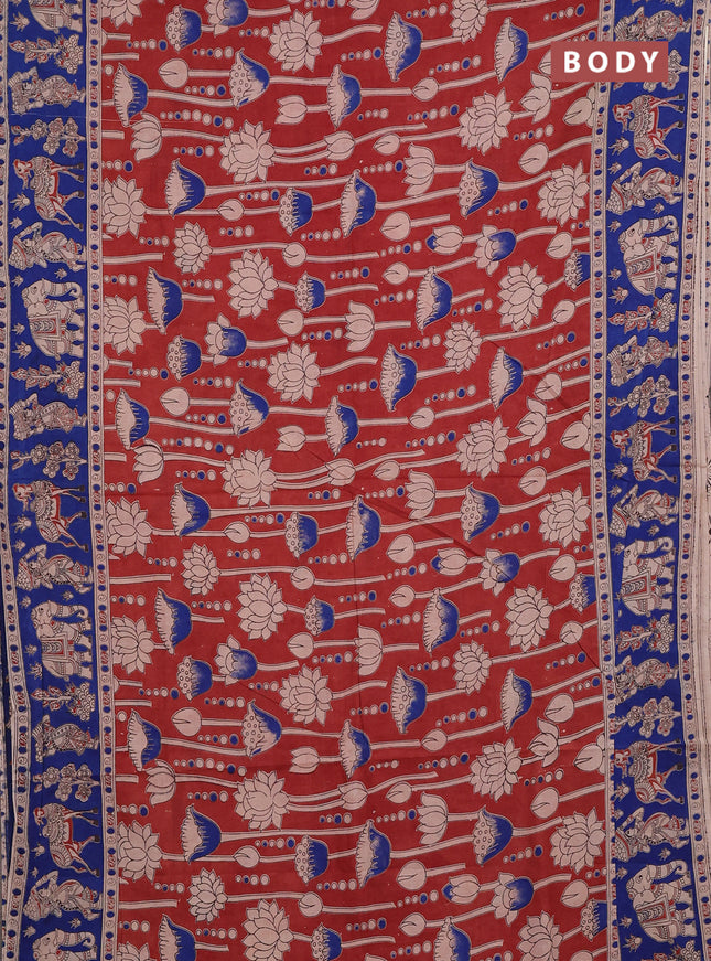 Kalamkari cotton saree brown and blue with allover prints and printed border