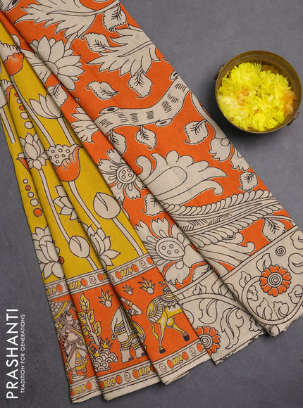 Kalamkari cotton saree yellow and orange with allover prints and printed border
