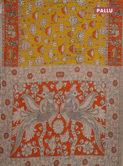 Kalamkari cotton saree yellow and orange with allover prints and printed border