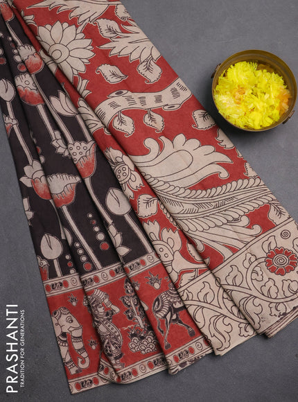 Kalamkari cotton saree coffee brown and brown with allover prints and printed border