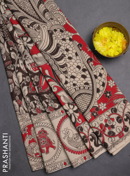 Kalamkari cotton saree coffee brown and beige with allover prints and butta printed border