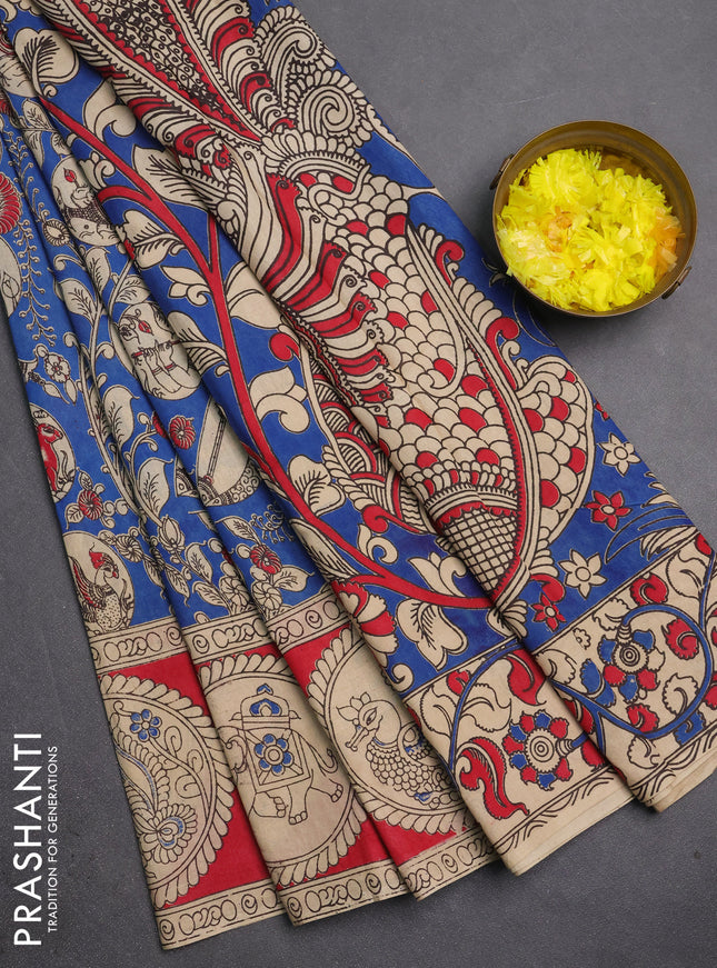 Kalamkari cotton saree blue and red with allover prints and butta printed border
