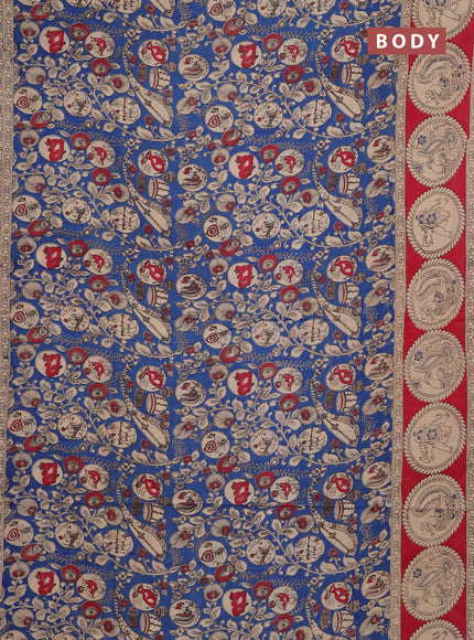 Kalamkari cotton saree blue and red with allover prints and butta printed border