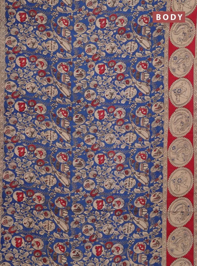 Kalamkari cotton saree blue and red with allover prints and butta printed border