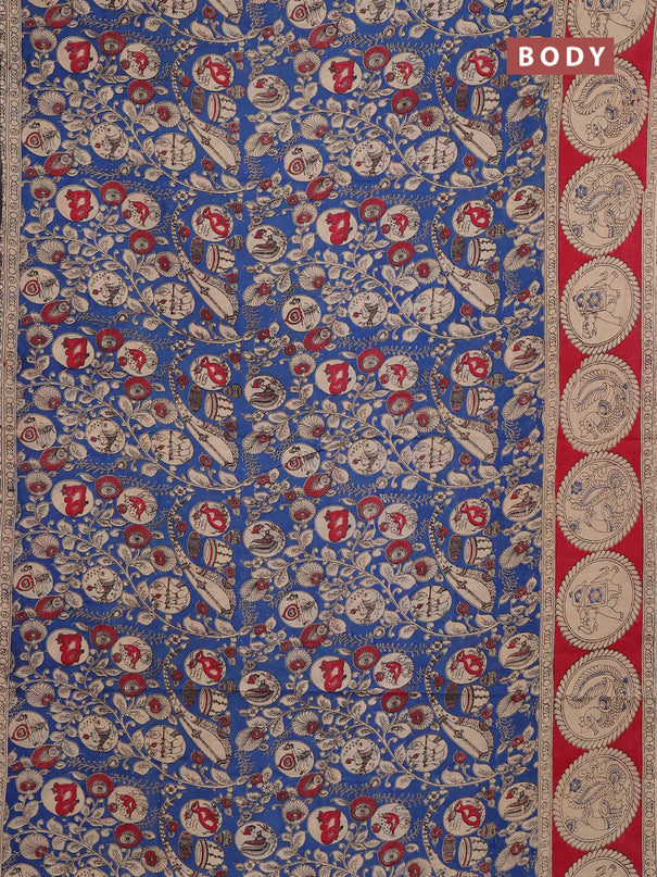 Kalamkari cotton saree blue and red with allover prints and butta printed border