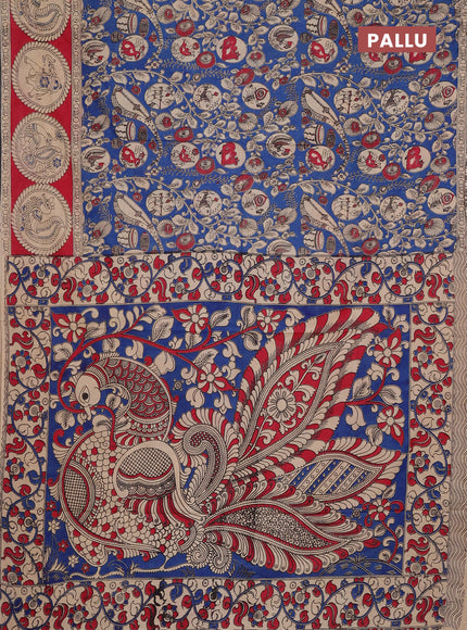 Kalamkari cotton saree blue and red with allover prints and butta printed border
