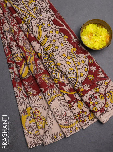 Kalamkari cotton saree maroon and beige with allover prints and butta printed border