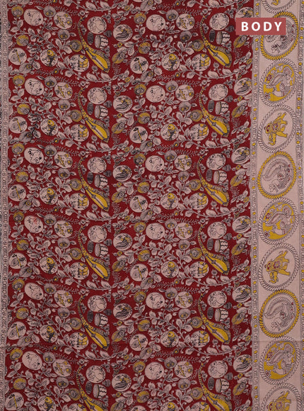 Kalamkari cotton saree maroon and beige with allover prints and butta printed border