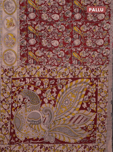 Kalamkari cotton saree maroon and beige with allover prints and butta printed border