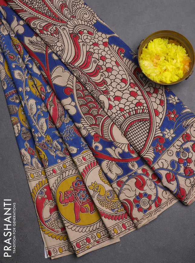 Kalamkari cotton saree blue and beige with allover prints and butta printed border