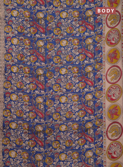 Kalamkari cotton saree blue and beige with allover prints and butta printed border