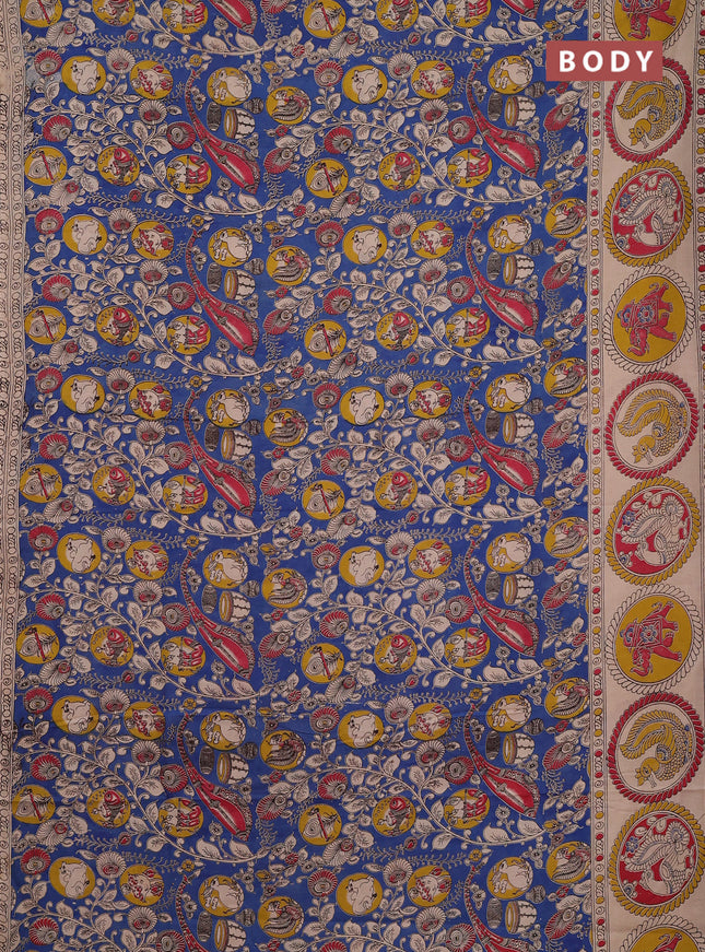 Kalamkari cotton saree blue and beige with allover prints and butta printed border