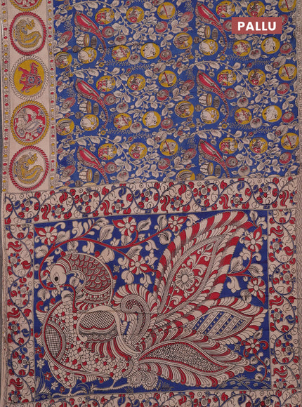 Kalamkari cotton saree blue and beige with allover prints and butta printed border