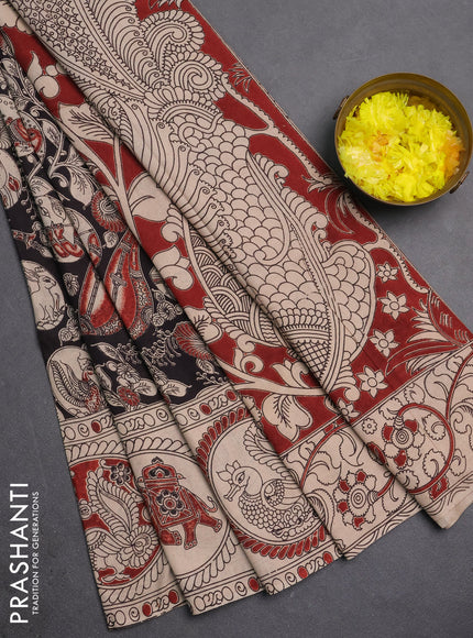 Kalamkari cotton saree black and beige with allover prints and butta printed border