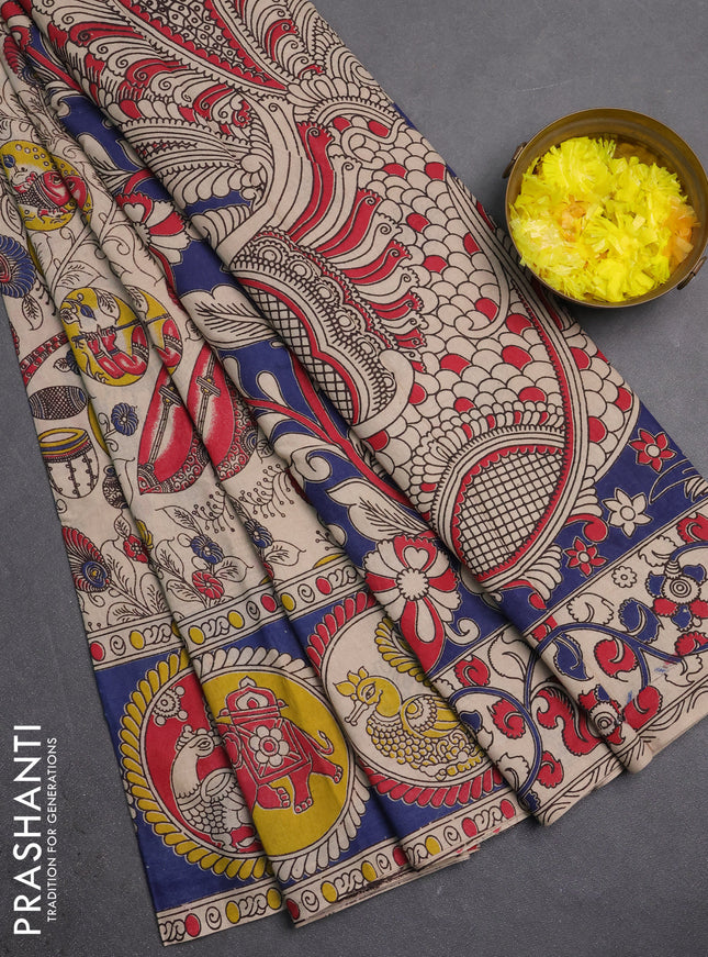 Kalamkari cotton saree beige and blue with allover prints and butta printed border