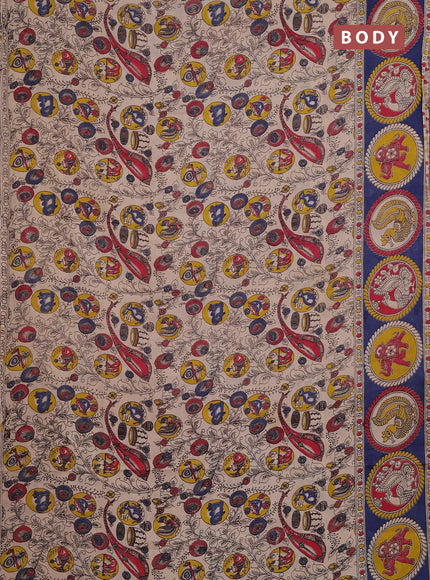 Kalamkari cotton saree beige and blue with allover prints and butta printed border
