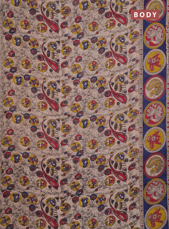 Kalamkari cotton saree beige and blue with allover prints and butta printed border