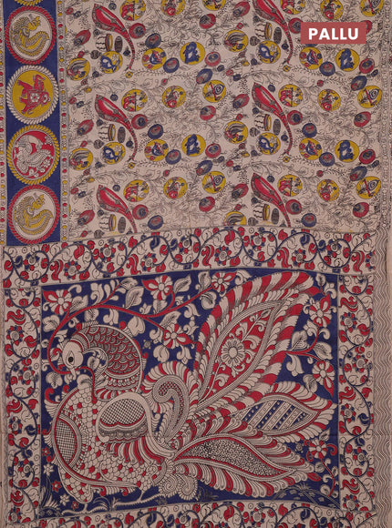 Kalamkari cotton saree beige and blue with allover prints and butta printed border