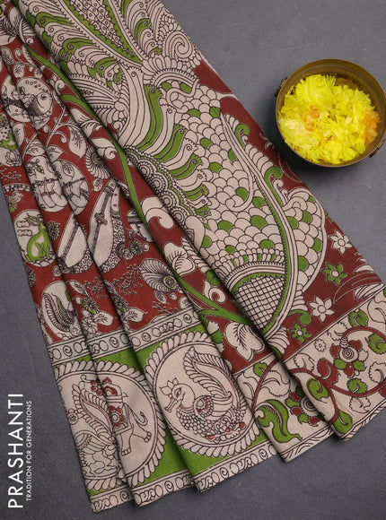 Kalamkari cotton saree maroon and green with allover prints and butta printed border
