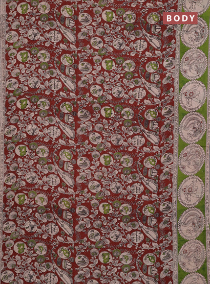 Kalamkari cotton saree maroon and green with allover prints and butta printed border
