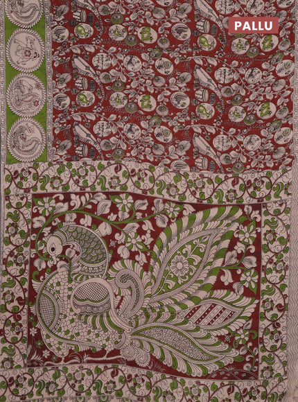 Kalamkari cotton saree maroon and green with allover prints and butta printed border