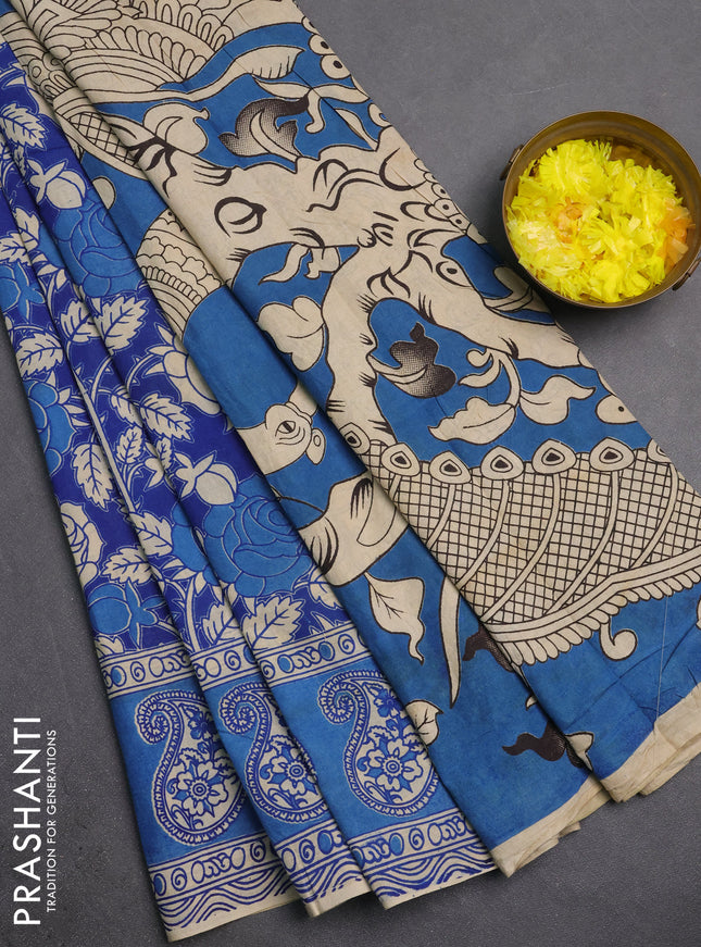 Kalamkari cotton saree blue and beige with allover prints and butta printed border