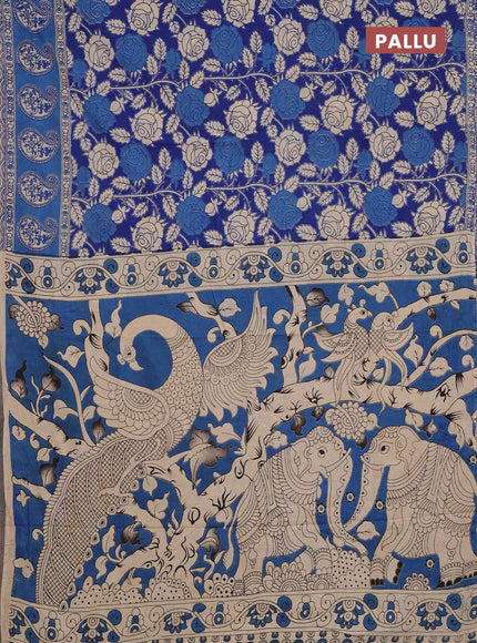 Kalamkari cotton saree blue and beige with allover prints and butta printed border