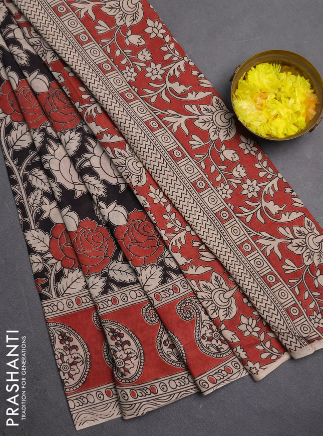 Kalamkari cotton saree black and brown with allover prints and butta printed border