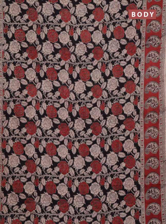 Kalamkari cotton saree black and brown with allover prints and butta printed border