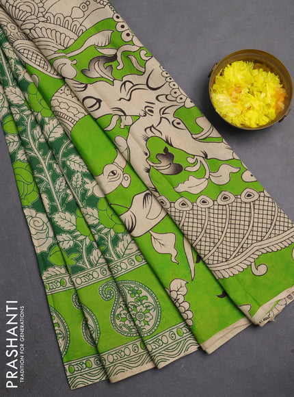 Kalamkari cotton saree green and light green with allover prints and butta printed border