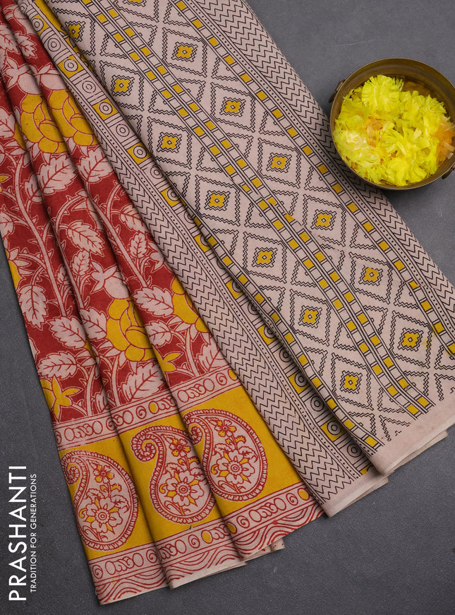 Kalamkari cotton saree maroon and yellow with allover prints and butta printed border
