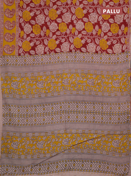 Kalamkari cotton saree maroon and yellow with allover prints and butta printed border