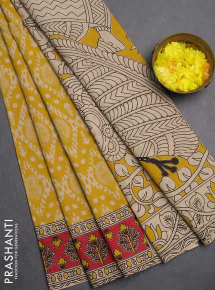 Kalamkari cotton saree yellow and red with allover prints and printed border