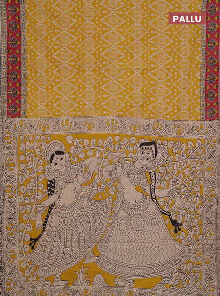 Kalamkari cotton saree yellow and red with allover prints and printed border