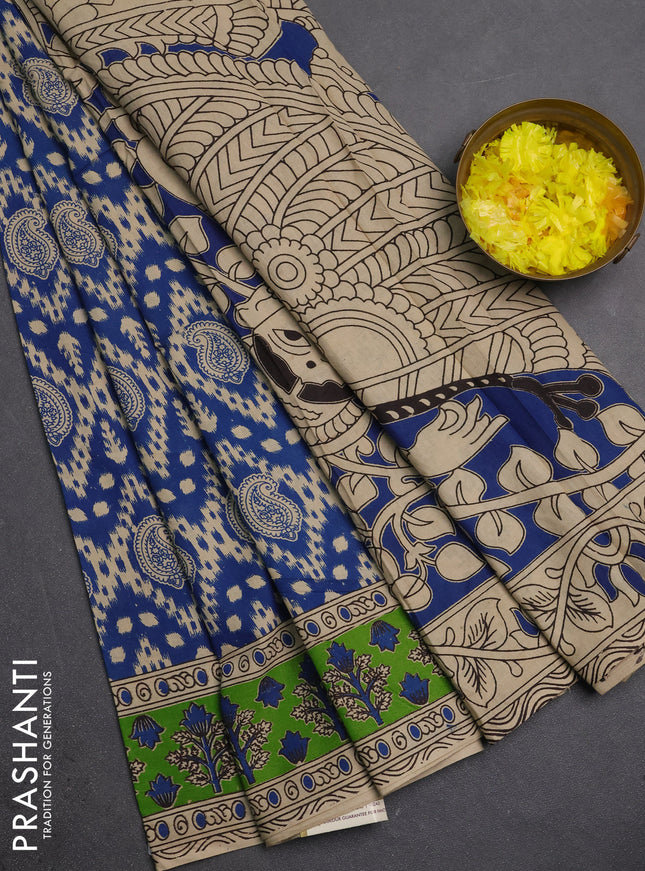 Kalamkari cotton saree blue and green with allover prints and printed border