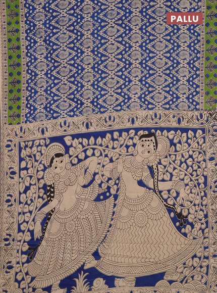 Kalamkari cotton saree blue and green with allover prints and printed border