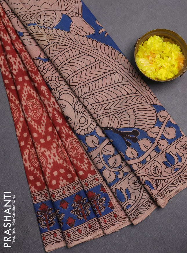 Kalamkari cotton saree brown and blue with allover prints and printed border
