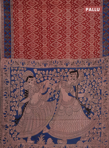 Kalamkari cotton saree brown and blue with allover prints and printed border