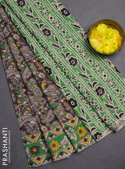 Kalamkari cotton saree coffee brown and green with allover prints and printed border