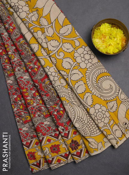 Kalamkari cotton saree red and yellow with allover prints and printed border