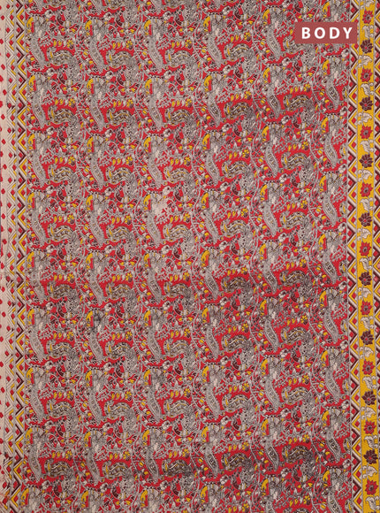 Kalamkari cotton saree red and yellow with allover prints and printed border