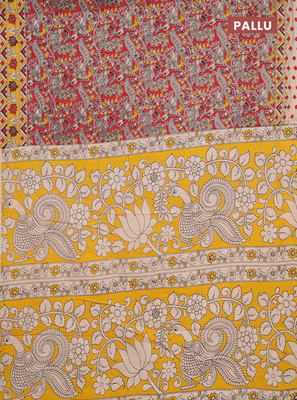 Kalamkari cotton saree red and yellow with allover prints and printed border