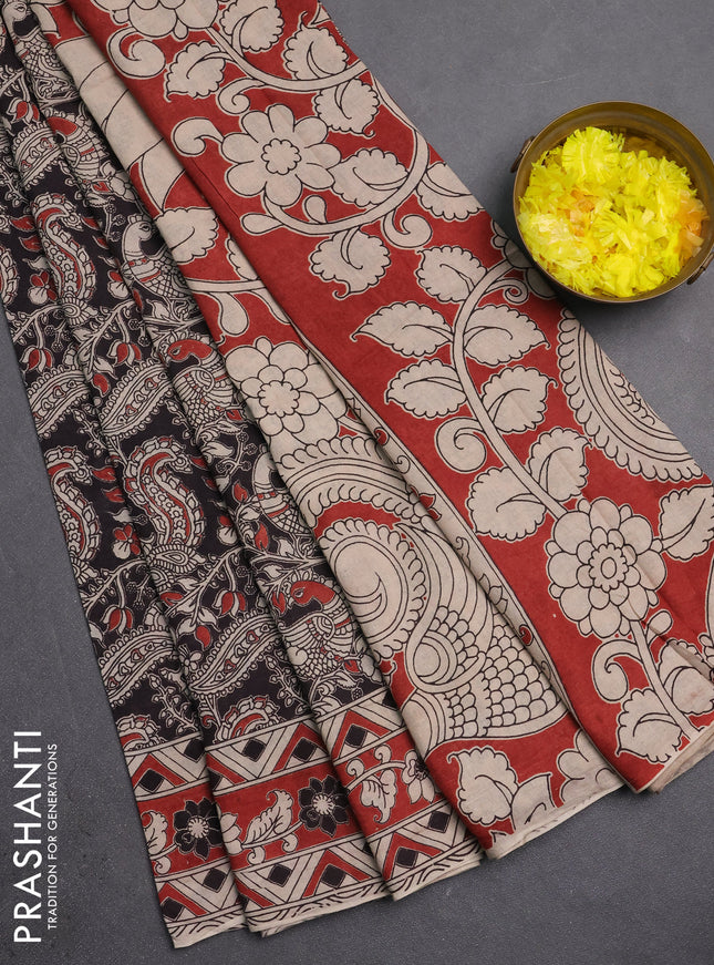 Kalamkari cotton saree black and brown with allover prints and printed border