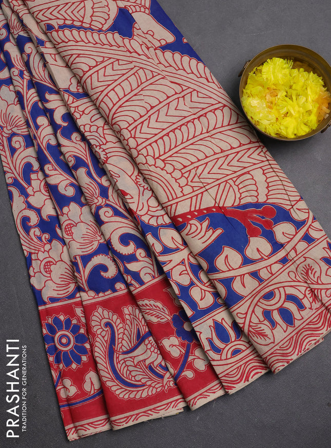 Kalamkari cotton saree blue and red with allover prints and printed border