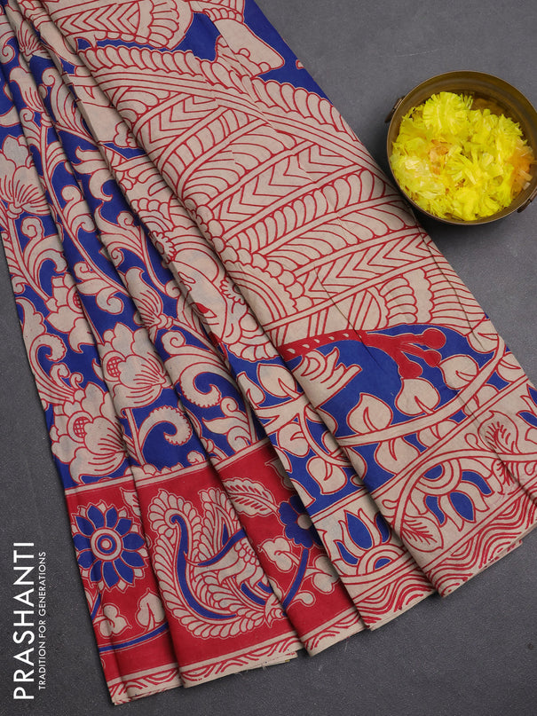 Kalamkari cotton saree blue and red with allover prints and printed border