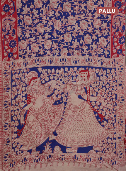Kalamkari cotton saree blue and red with allover prints and printed border